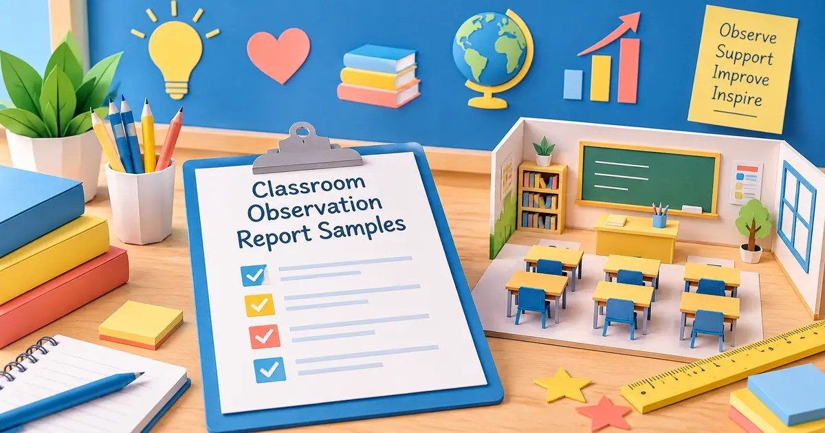 Classroom observation report with evaluation clipboard and learning materials