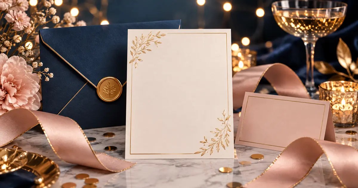 Elegant event invitation cards with envelopes, ribbon and celebration lights
