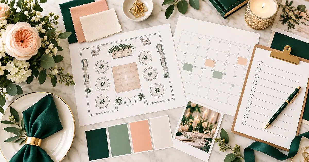 Event planning desk with venue layout, calendar and checklist