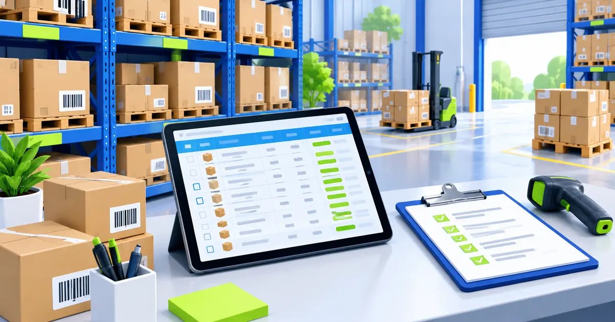 Warehouse inventory list with barcode boxes, tablet and clipboard