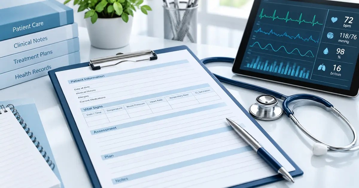 Medical chart clipboard with stethoscope and patient vital signs