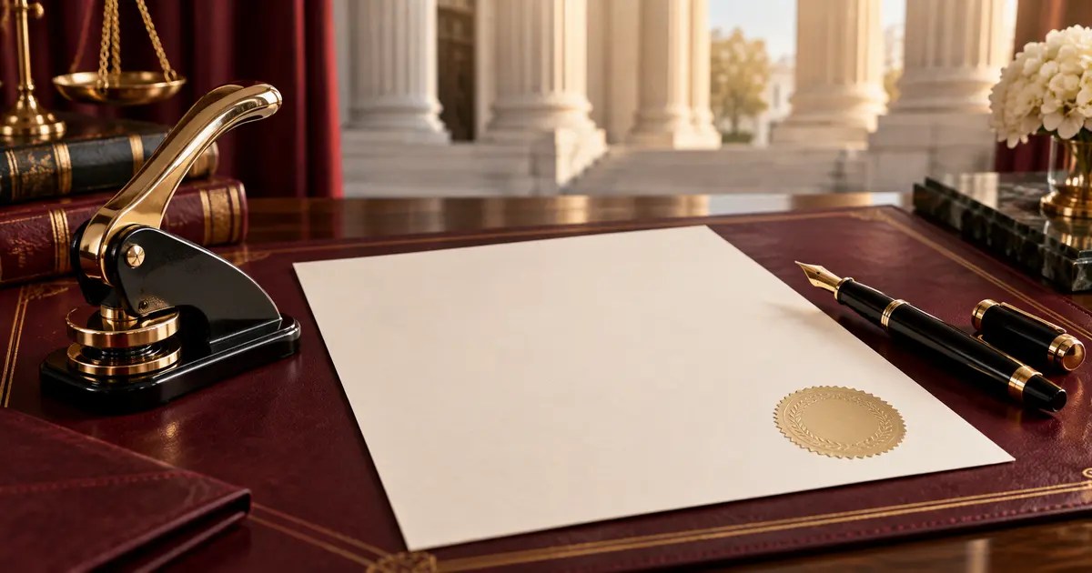 Formal notarized letter with seal embosser and fountain pen