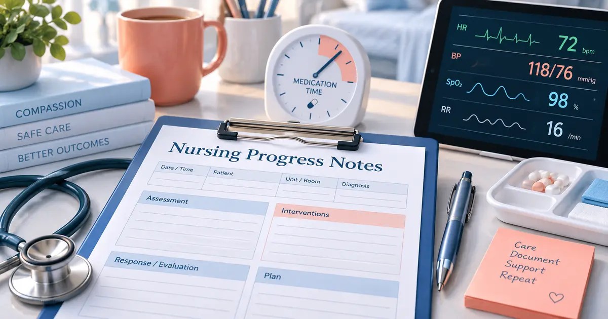 Nursing progress notes with stethoscope, care schedule and vital signs