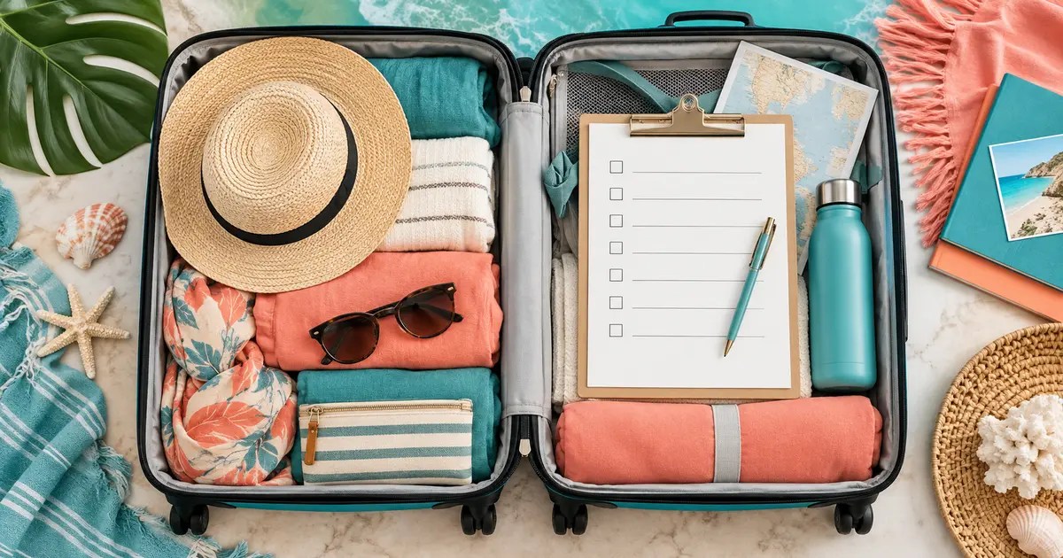 Organized travel suitcase with packing checklist and essentials
