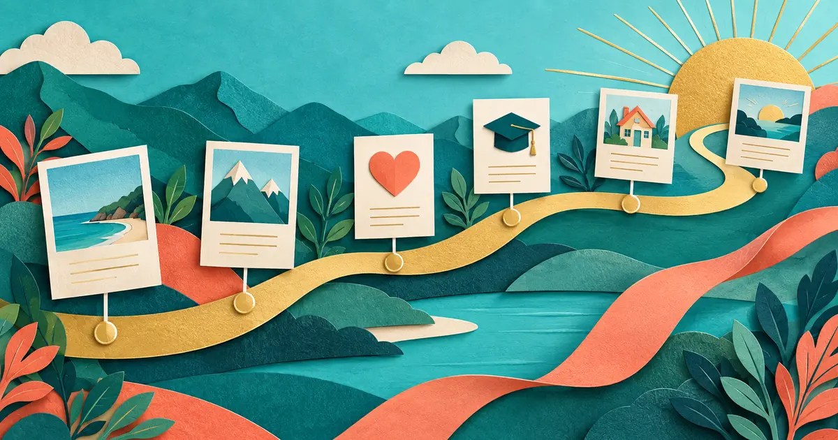 Personal timeline with milestone cards, calendar points and flowing path