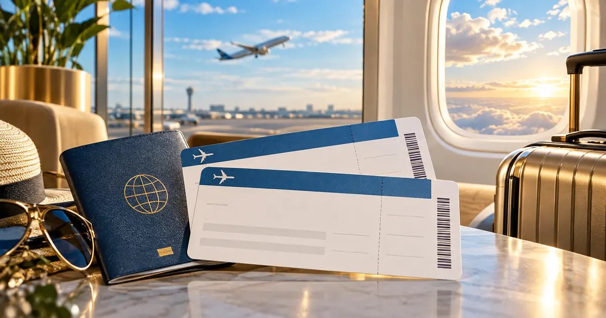 Plane ticket and airport travel scene with carry-on luggage