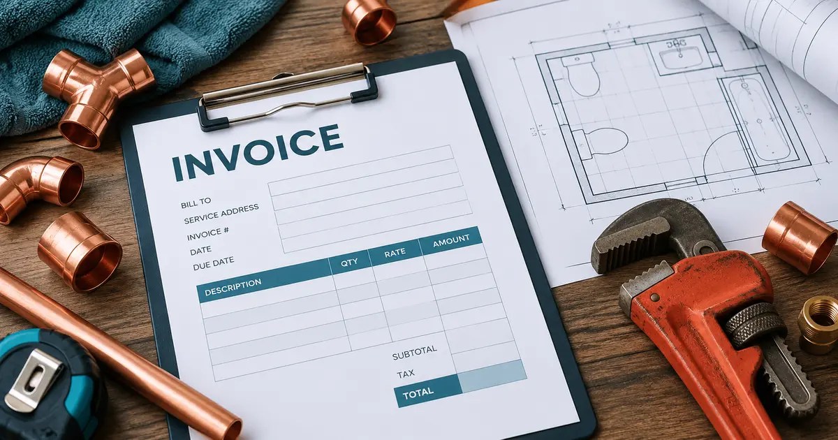 Plumbing invoice with pipe wrench, copper fittings and blueprint