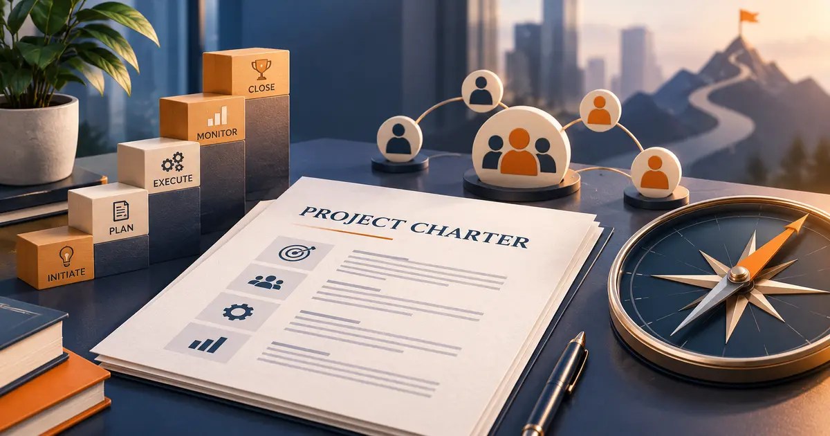 Project charter with milestones, stakeholder icons and target