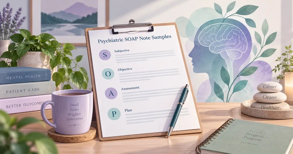 Psychiatric SOAP note with calm behavioral health documentation concept