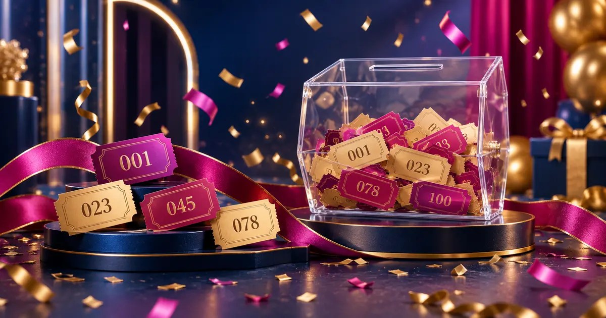 Raffle tickets with transparent draw box, ribbon and confetti