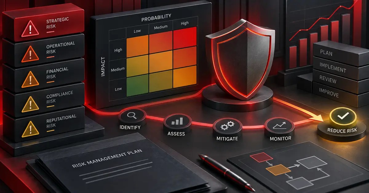 Risk management dashboard with shield, warning matrix and mitigation plan