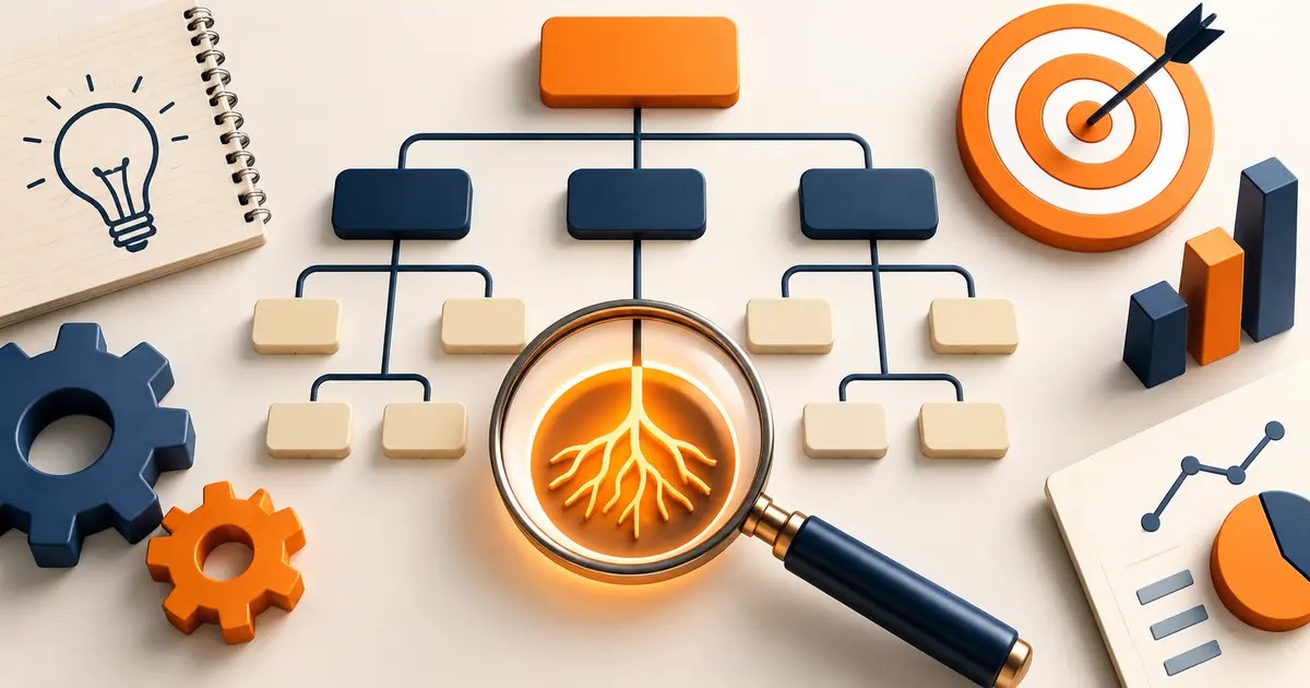 Root cause analysis diagram with magnifying glass, gears and highlighted cause