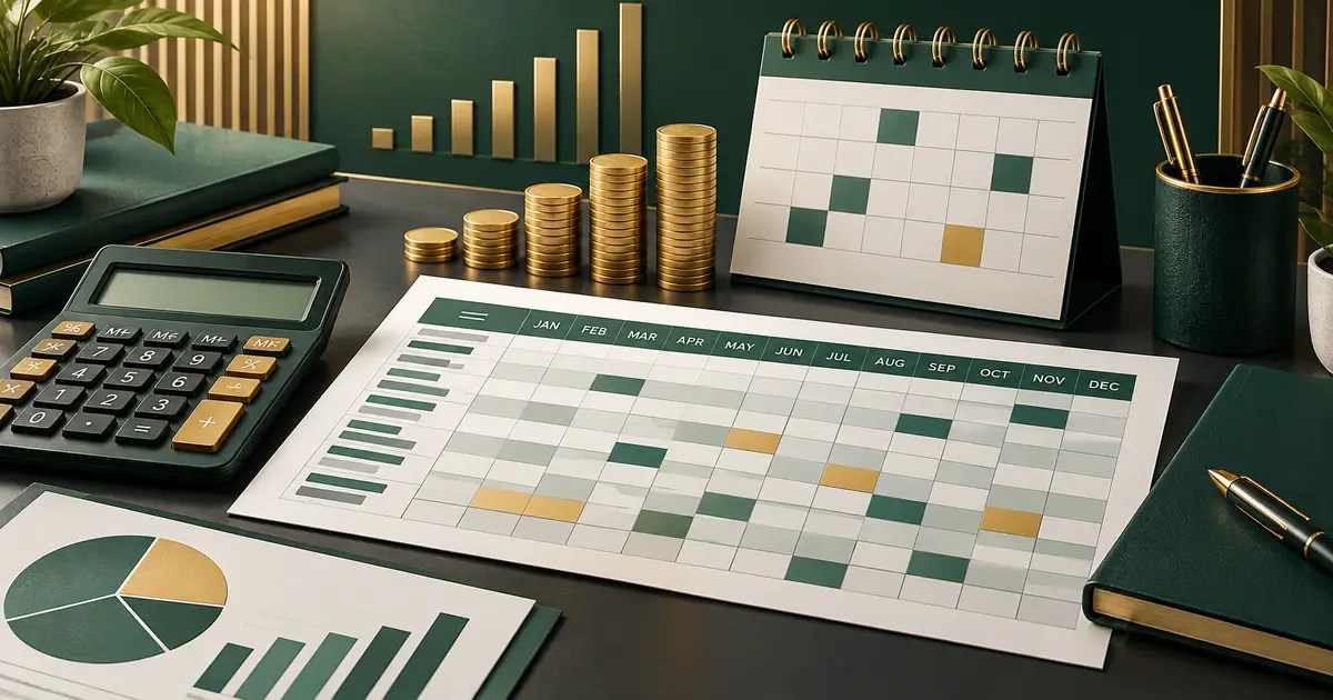 Salary schedule with payroll calendar, calculator and coin stacks