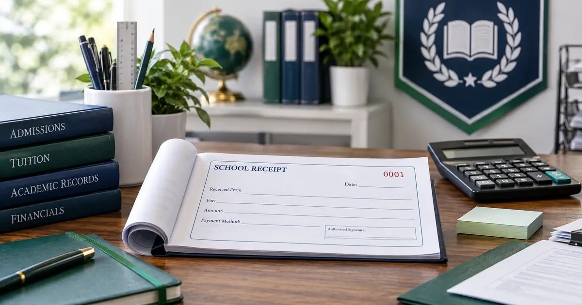 Official school receipt book with calculator and academic stationery