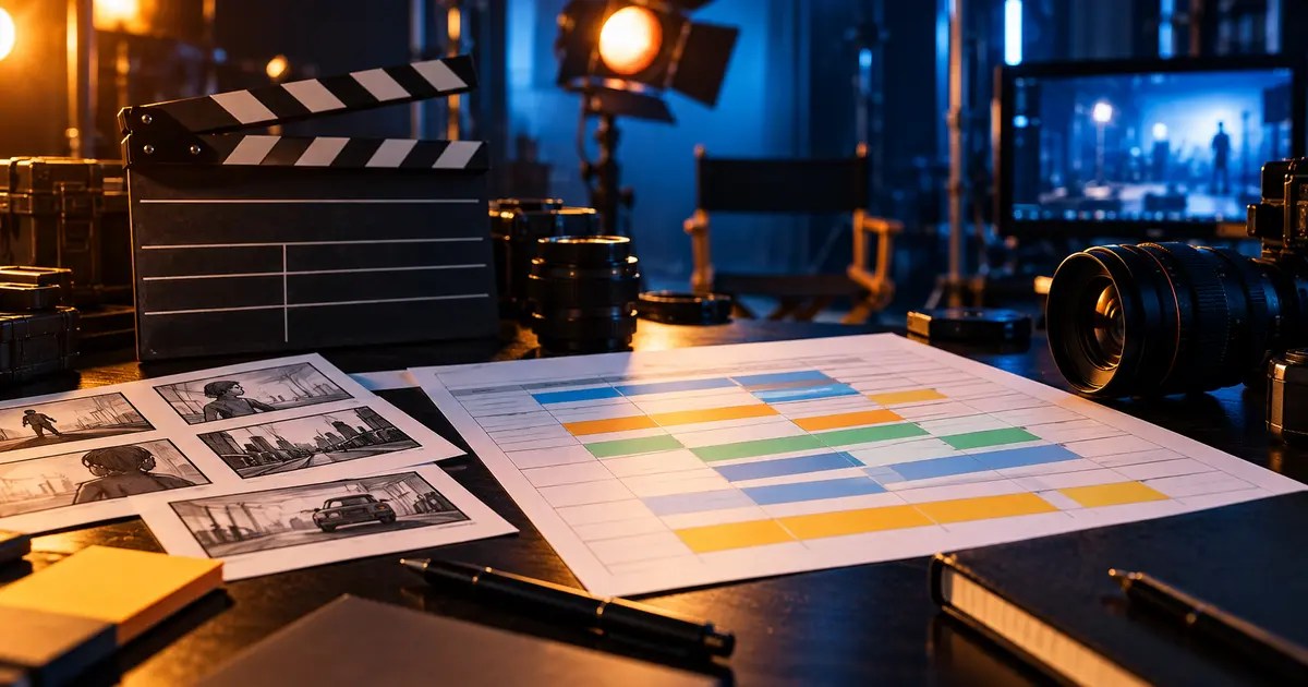 Film shooting schedule with clapperboard, storyboard and camera lens
