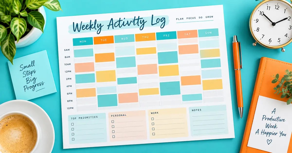 Weekly activity log with seven-day planner, checklist and clock