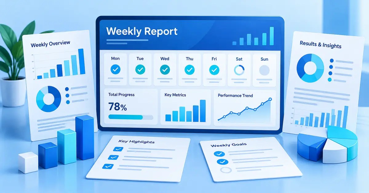 Weekly report dashboard with charts, progress markers and seven-day plan