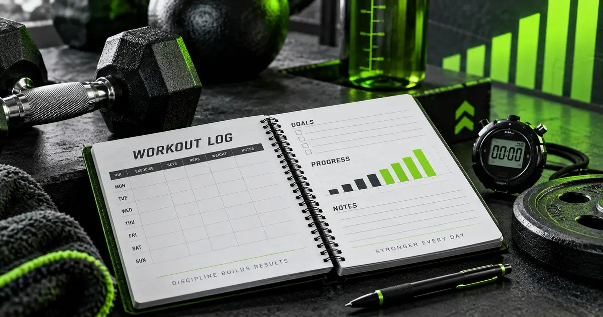 Workout log journal with dumbbells, stopwatch and progress chart