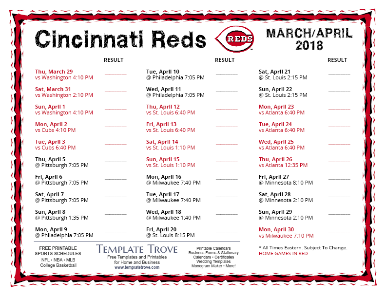 Printable 2018 cincinnati reds schedule
