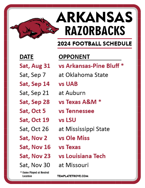 Printable 2024 arkansas razorbacks football schedule