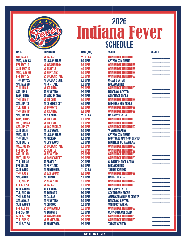 Printable 2026 Indiana Fever Basketball Schedule Printable 2026 Indiana Fever Basketball Schedule MT 
