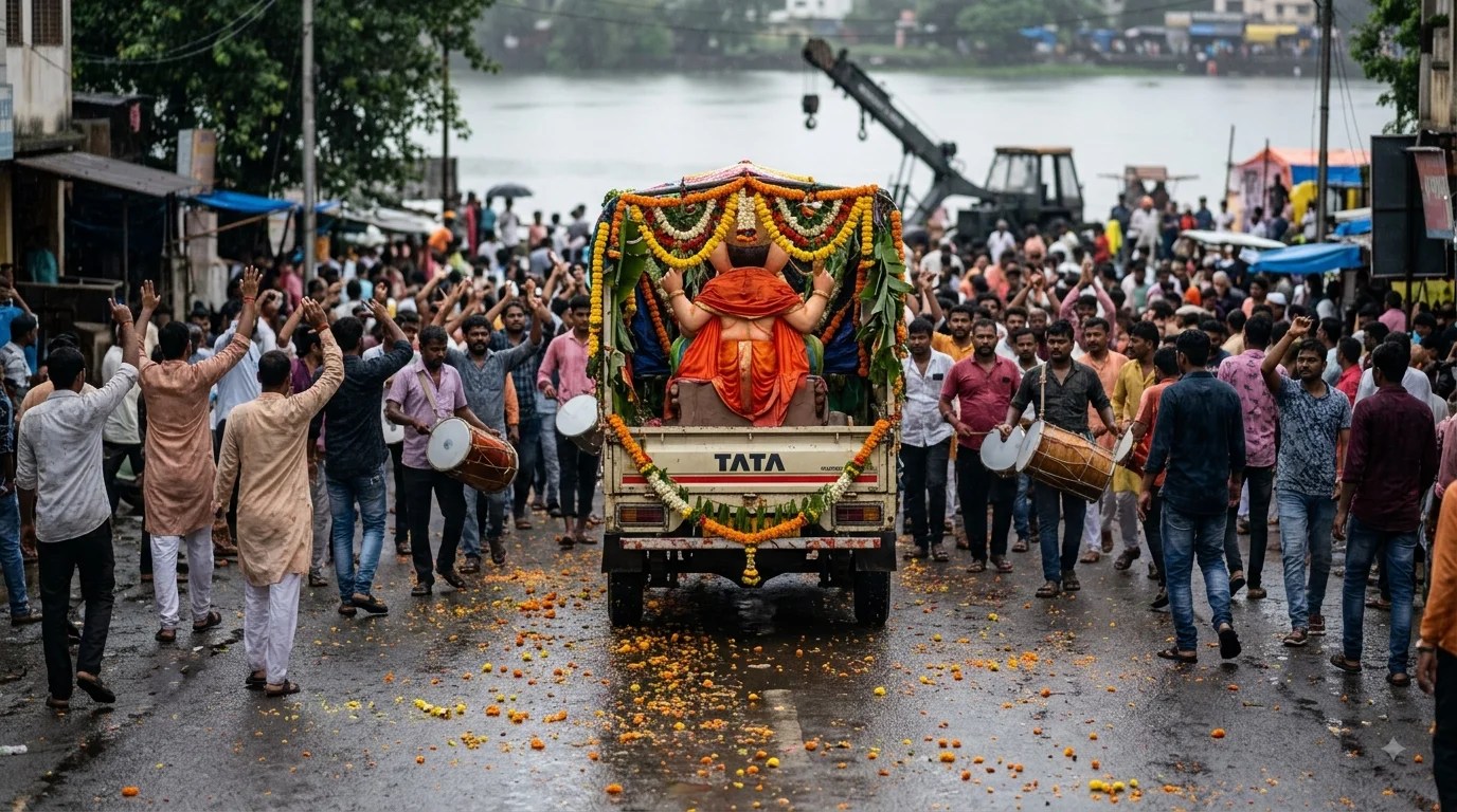Ganesh Visarjan 2026 procession carrying a clay Ganesha idol toward the immersion point