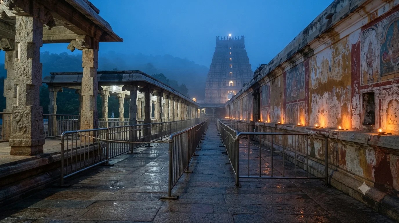 Srisailam Temple seva timings: pilgrims in the pre-dawn queue at a hill shrine