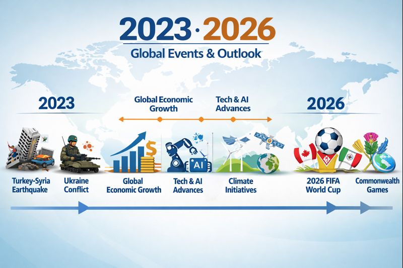 2023 2026 timeline infographic showing key global developments