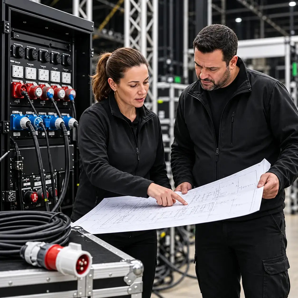 Two technicians reviewing power distribution plans beside electrical equipment.