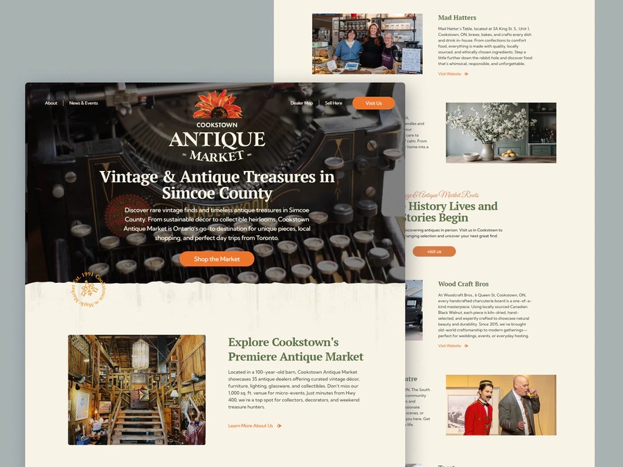 Homepage design for Cookstown Antique Market website highlighting vintage and antique treasures in Simcoe County with bold photography and inviting calls to action.
