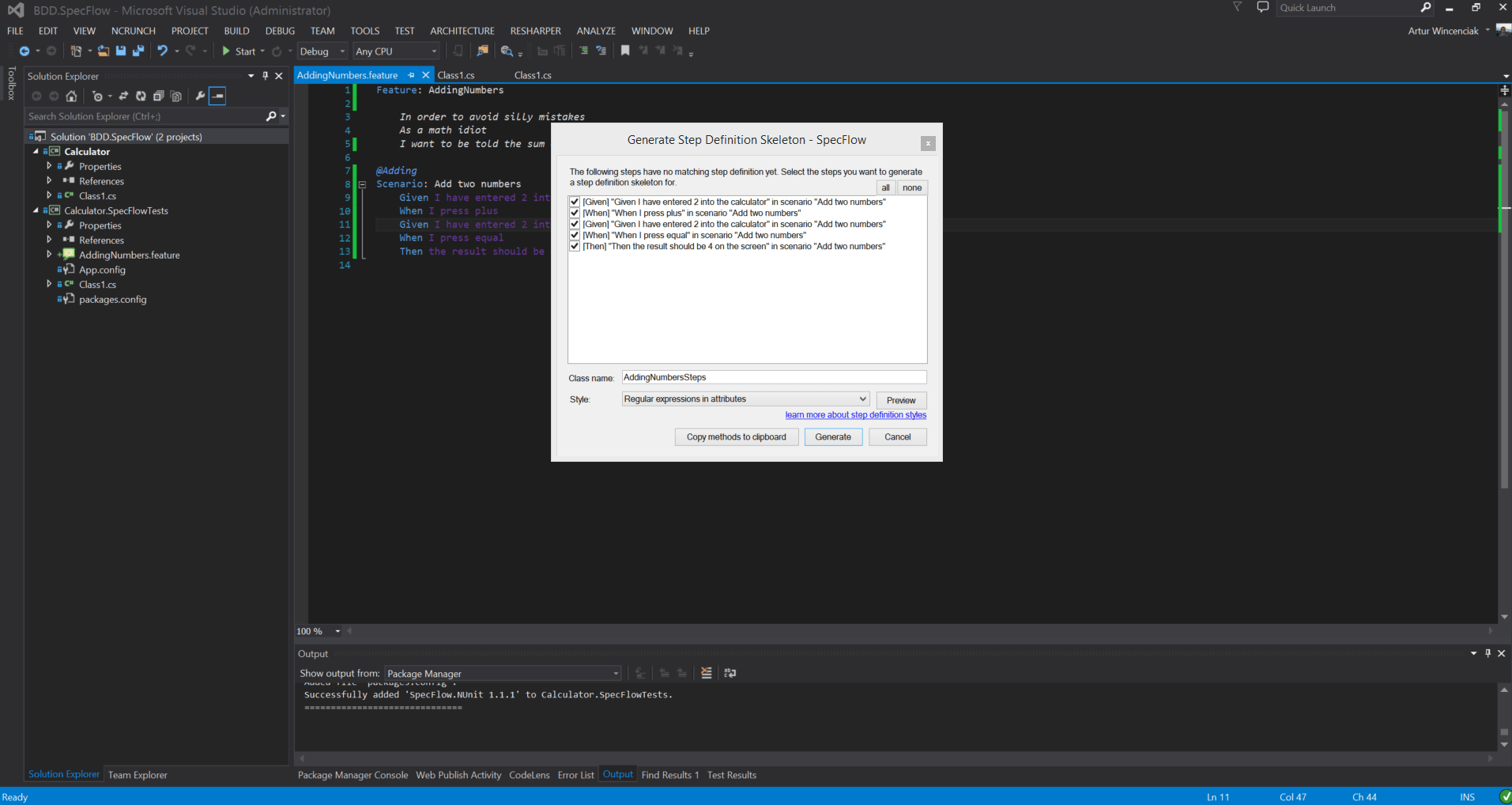Pojawia się wizzard pozwalający doprecyzować proces generowania kodu.