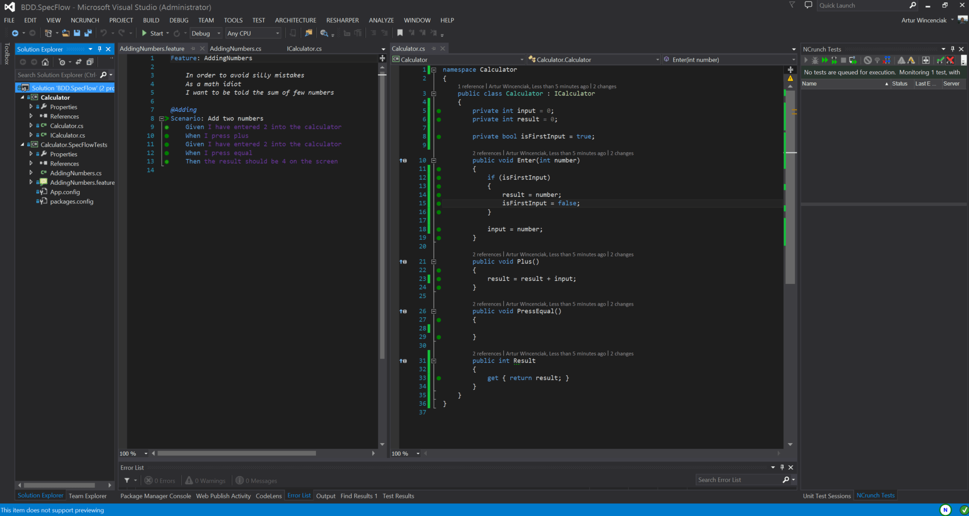 Wreszcie zielono..., czyli mam pierwszą wersję kodu produkcyjnego spełniającego test. Niby działa, ale w kolejnych krokach będziemy definiować kolejne wymagania, które z pewnością zmienią aktualną implementację.