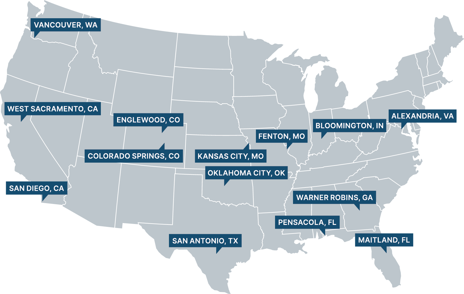 A map of the United States shows labels for various cities, including Vancouver, WA; West Sacramento, CA; San Diego, CA; Colorado Springs, CO; Englewood, CO; Kansas City, MO; Fenton, MO; Oklahoma City, OK; San Antonio, TX; Bloomington, IN; Alexandria, VA; Warner Robins, GA; Pensacola, FL; and Maitland, FL.