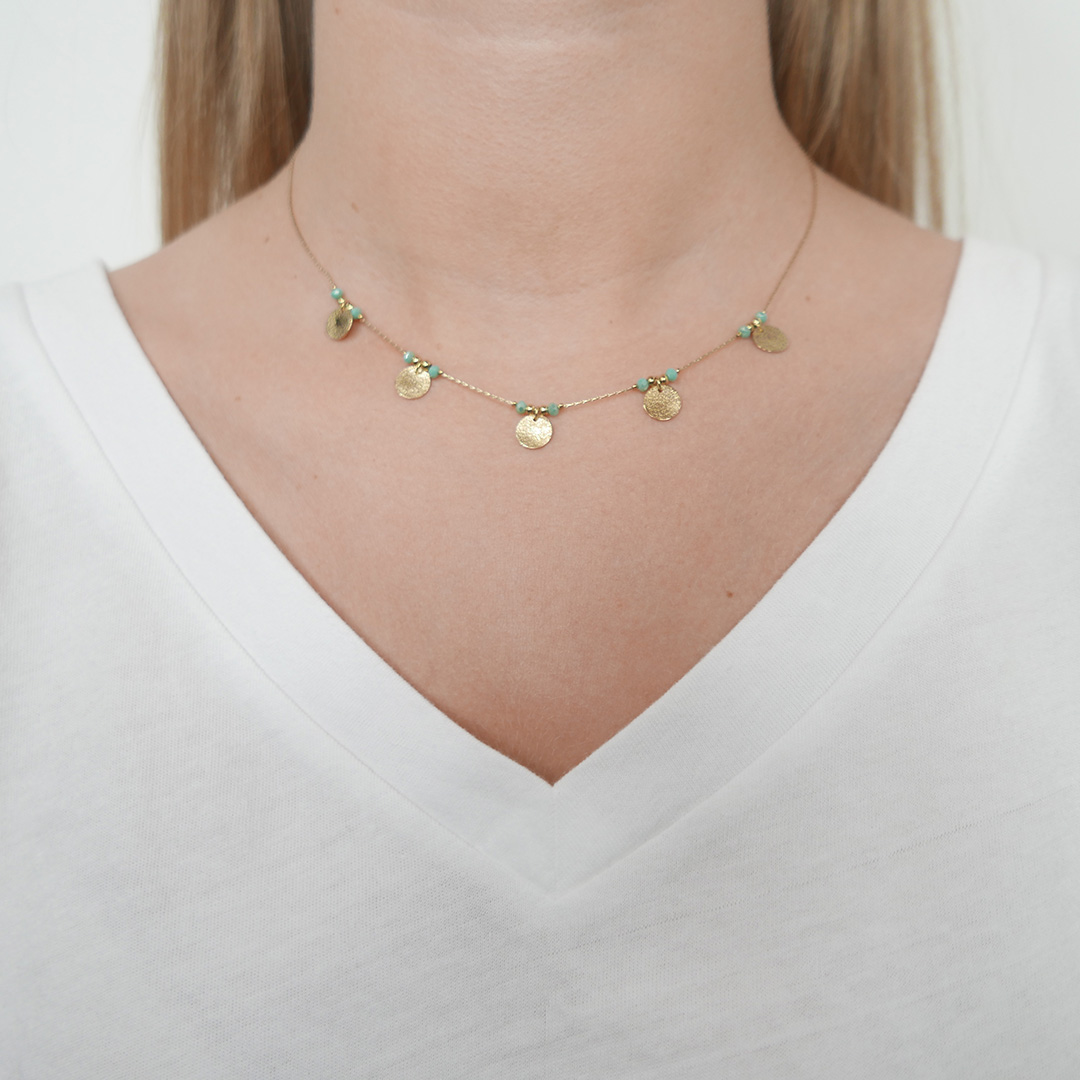 Collier Doré Avec Perles Et Cabochons Turquoise - Modèle J139 - Occasion