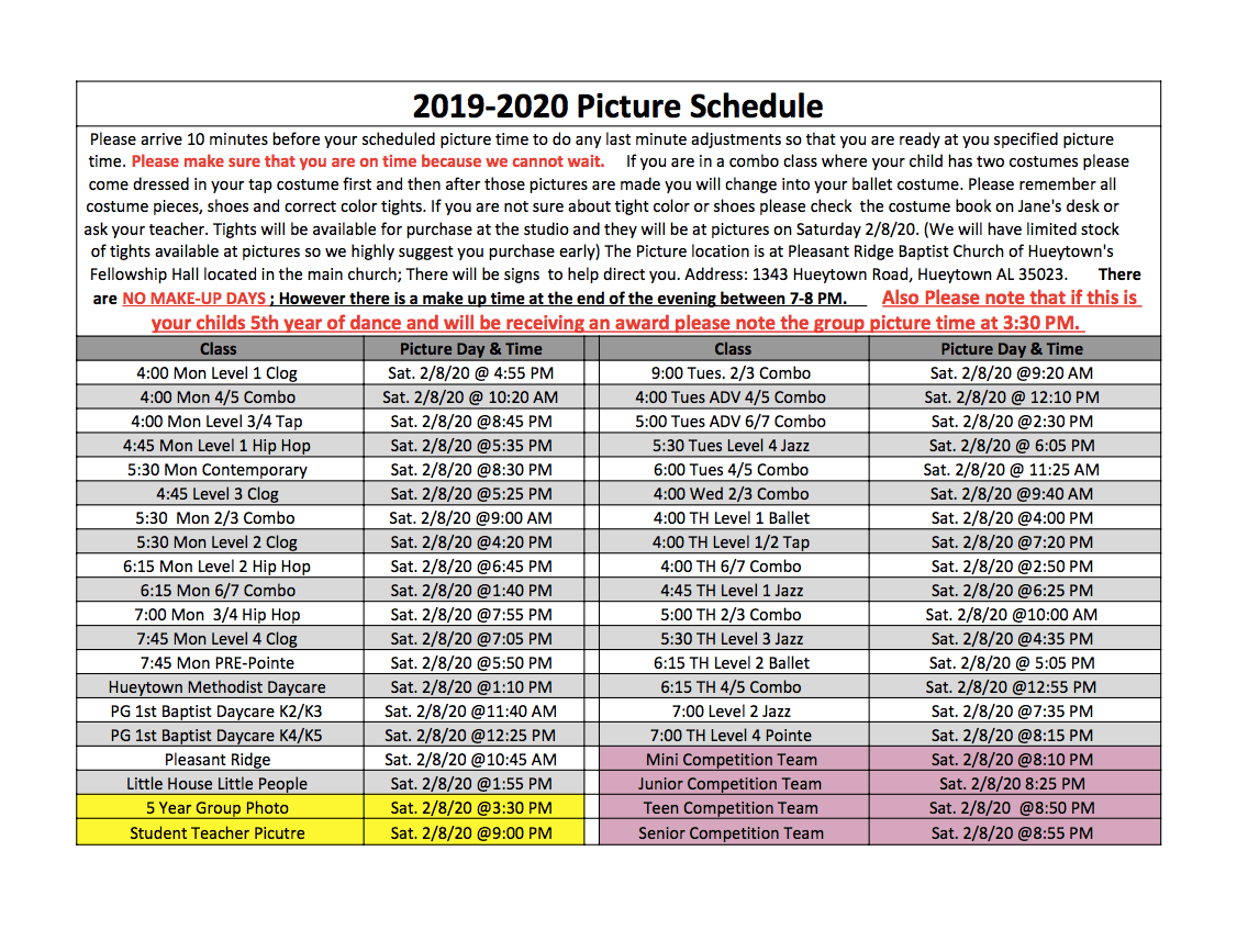 2020 Picture Schedule