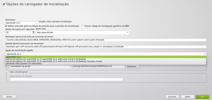Edição do GRUB2 - YaST2 Boot Loader