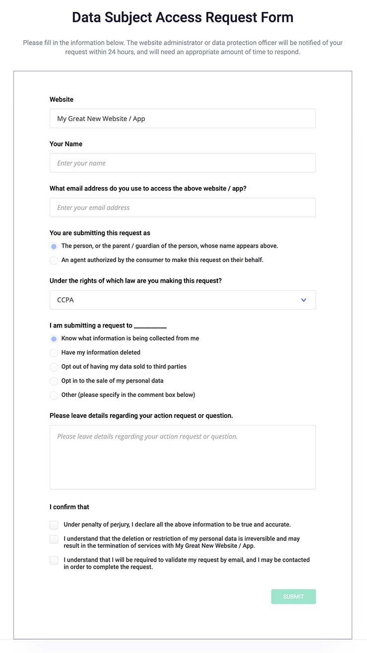 Data Subject Access Request Form Template