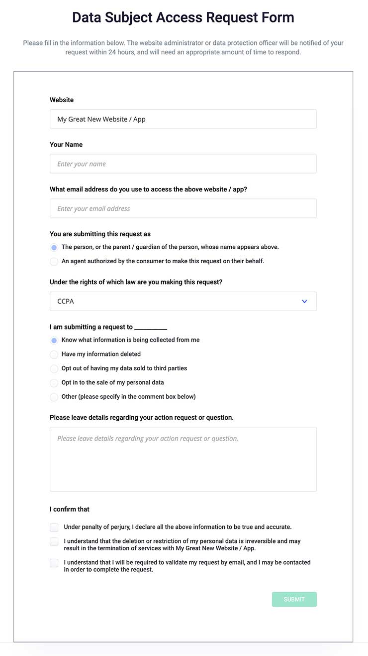 Data Subject Access Request Form Template