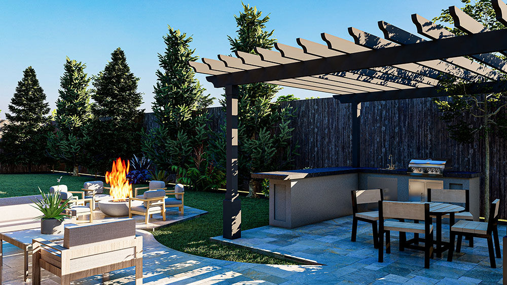 3d,Render,Of,A,Long,Backyard,With,Pool,,Fire,Pit,