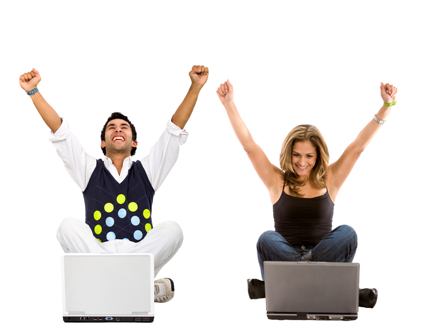 casual successful couple on laptop computers isolated