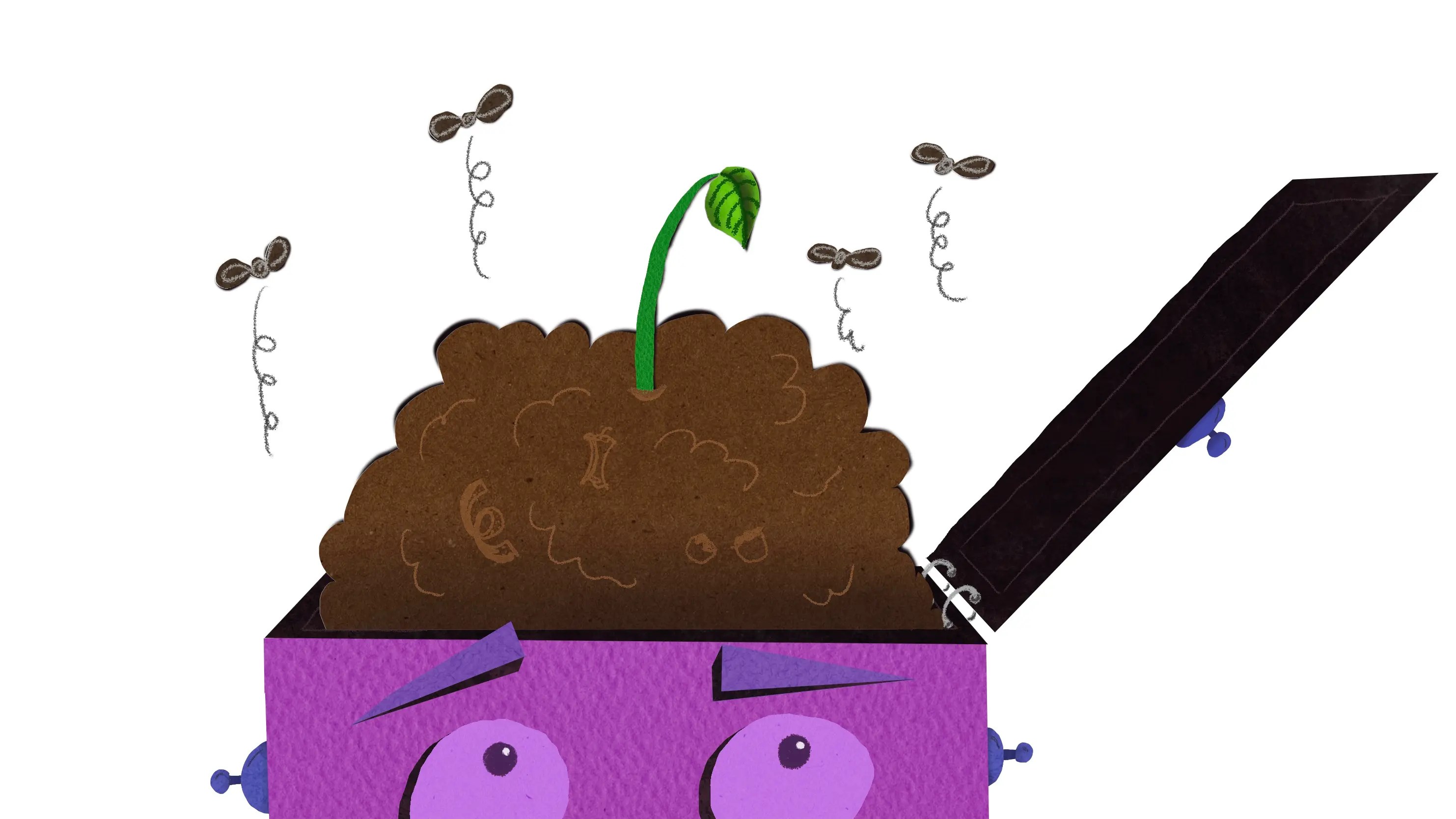 An illustration of a robot with the top of its head flipped open. Inside its head is a compost heap.