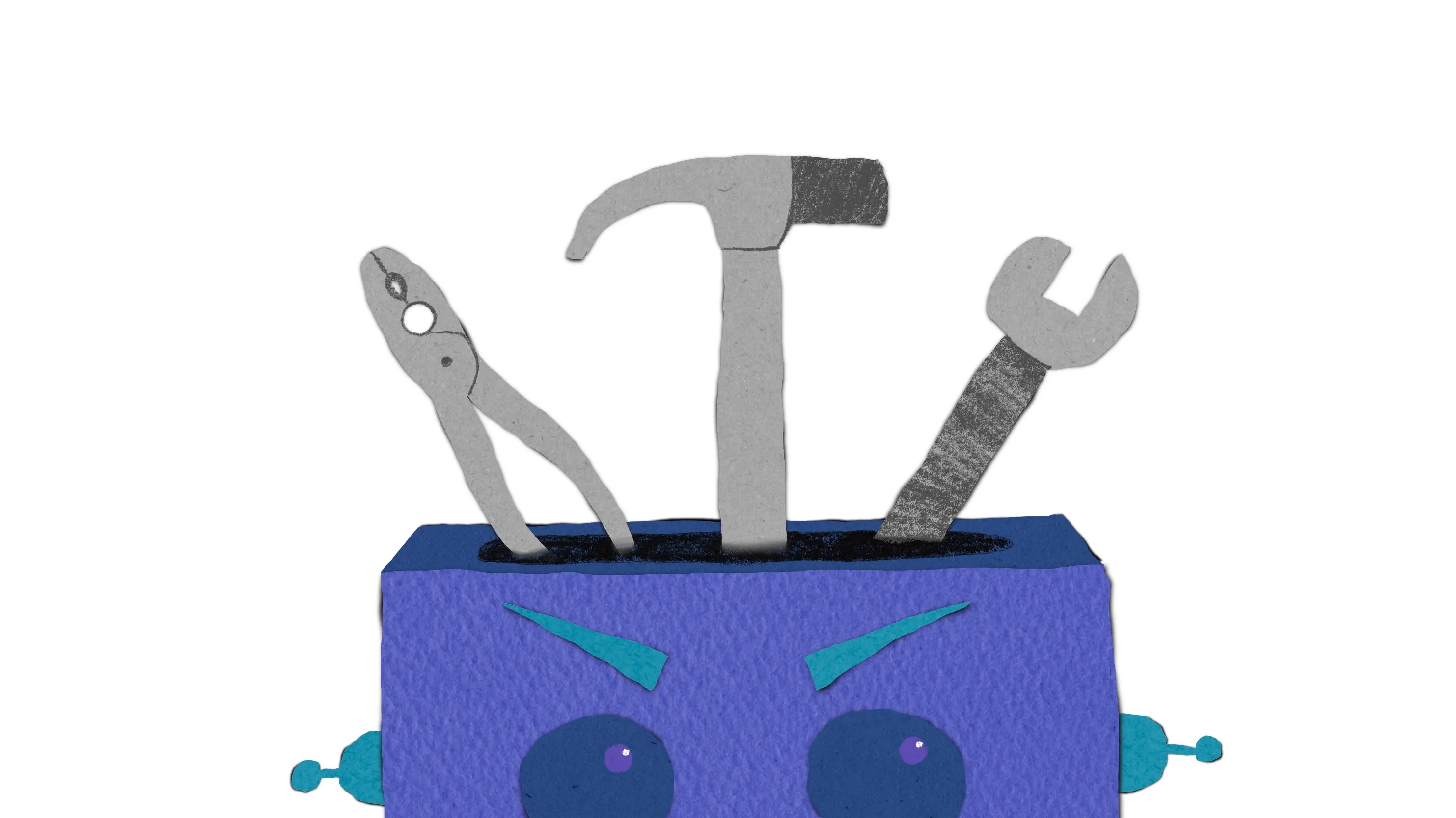 An illustration of a robot with tools sticking out of its head