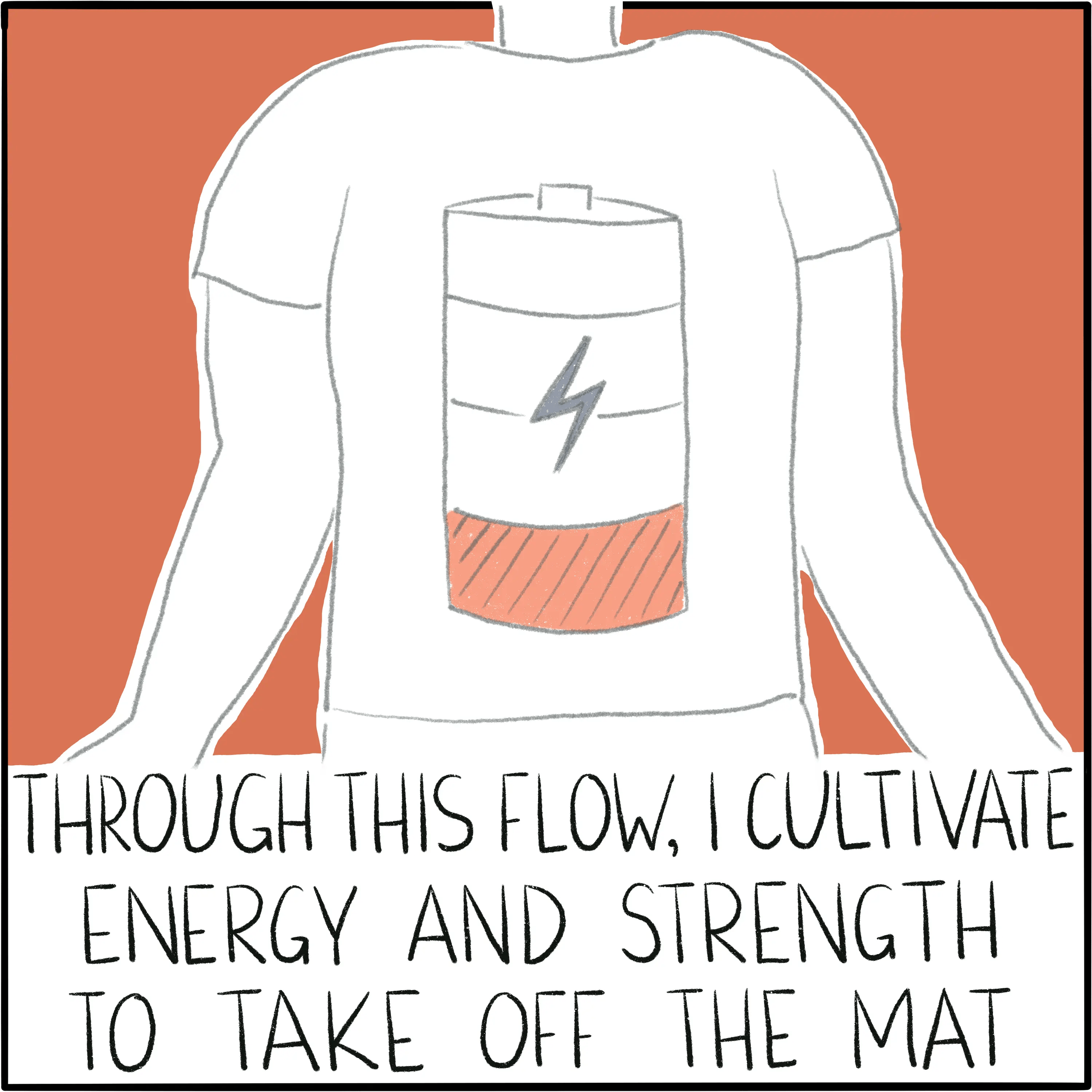 In mountain pose, with a closeup of my chest. On my chest is a battery charging icon. The caption reads "Through this flow, I cultivate energy and strength to take off the mat."