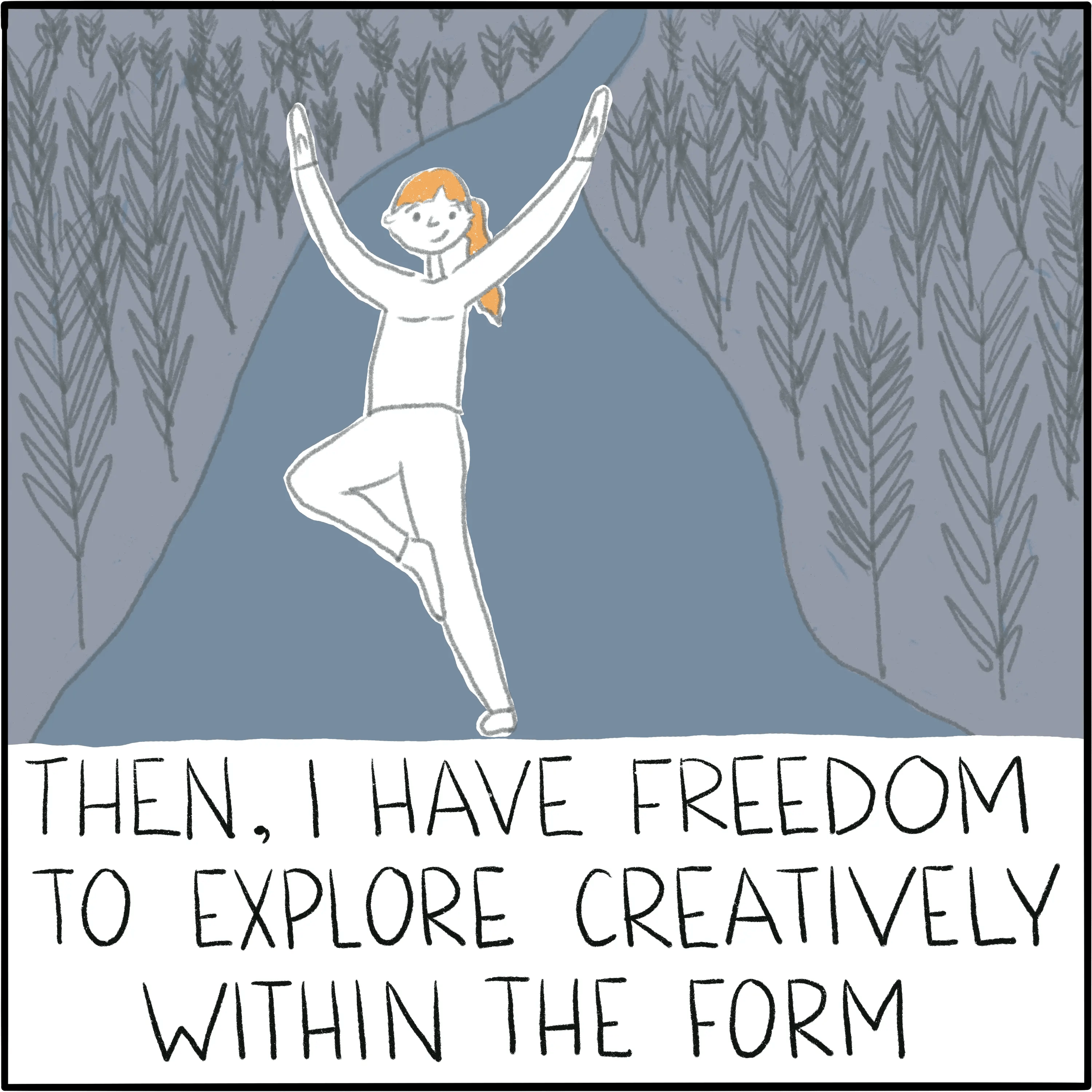 In tree pose, in a river. The caption says "Then, I have freedom to explore creatively within the form."