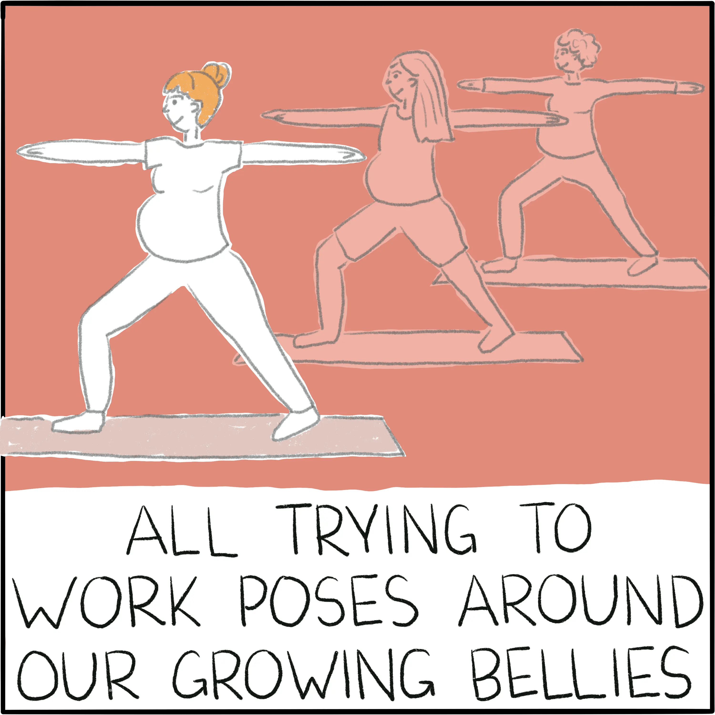 A row of pregnant people in Warrior 2 pose. The caption says "All trying to work poses around our growing bellies."