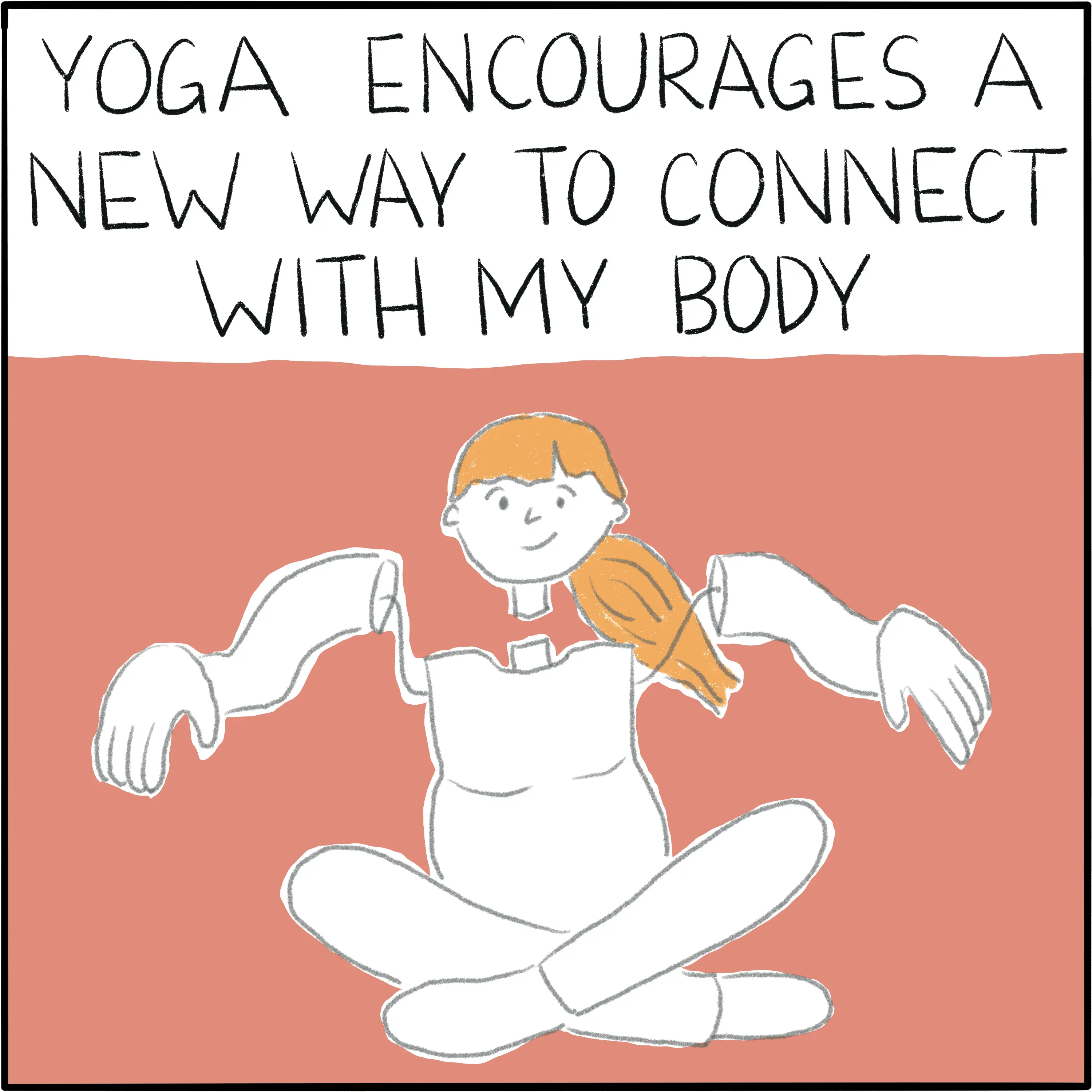 Still in easy pose, but my head and arms have disconnected from my body. My arms are still connected with strings. The caption reads "Yoga encourages a new way to connect with my body."