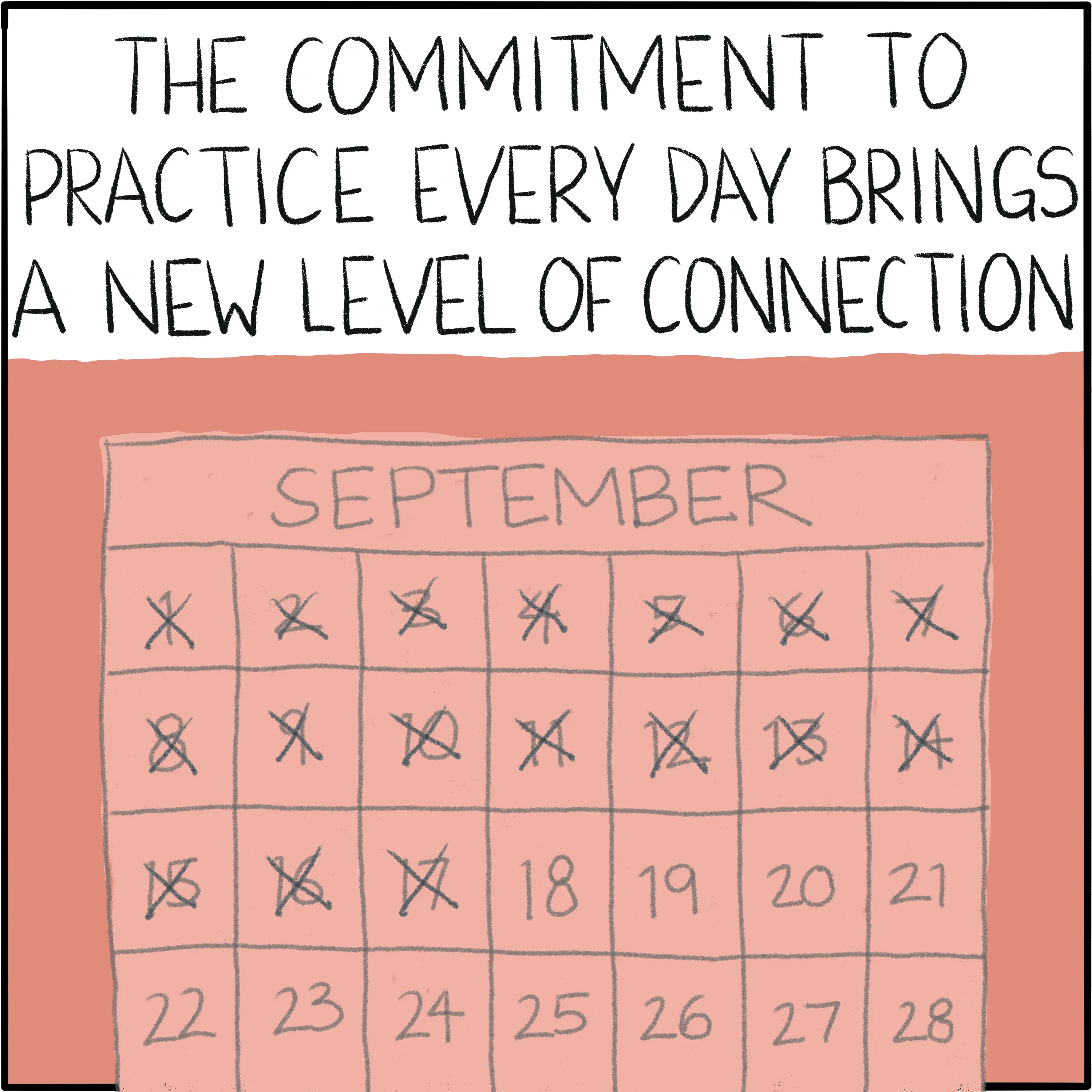 A calendar with days crossed off. The caption reads "The commitment to practice every day brings a new level of connection."