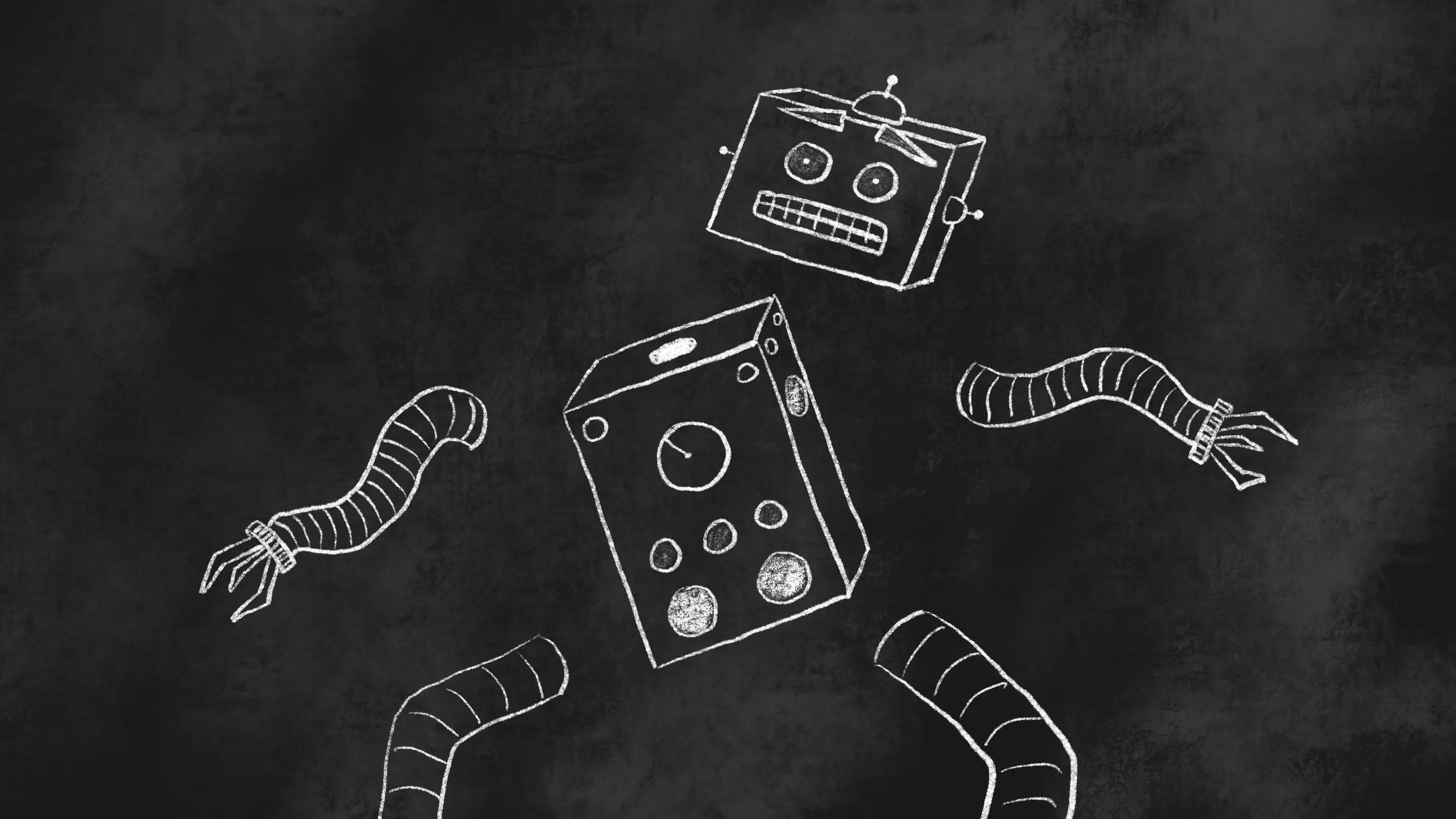 A chalkboard-style sketch of a robot with head, body, and limbs detached