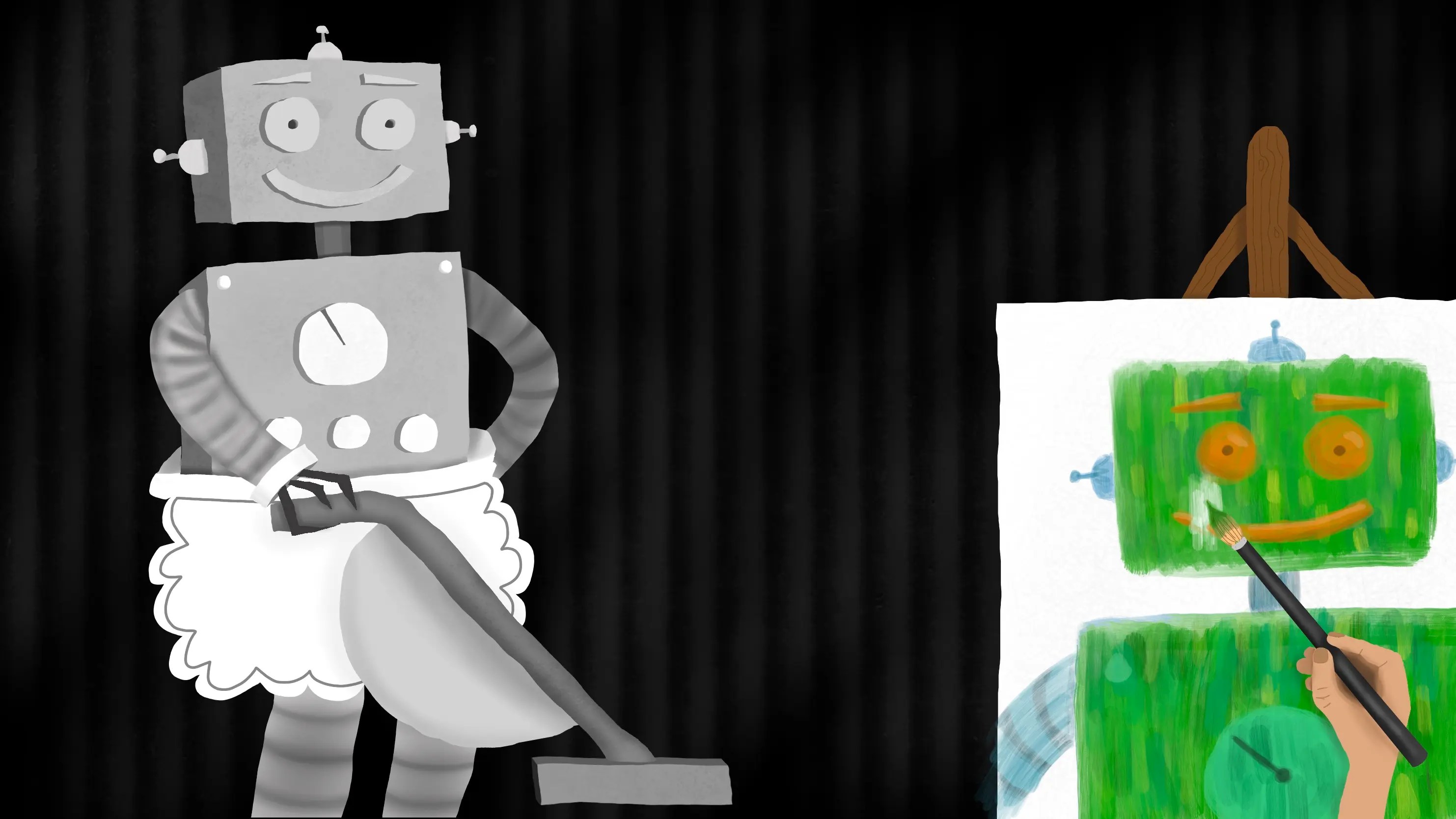 An illustration of a robot vacuuming and wearing an apron, while a human does a painting of the robot