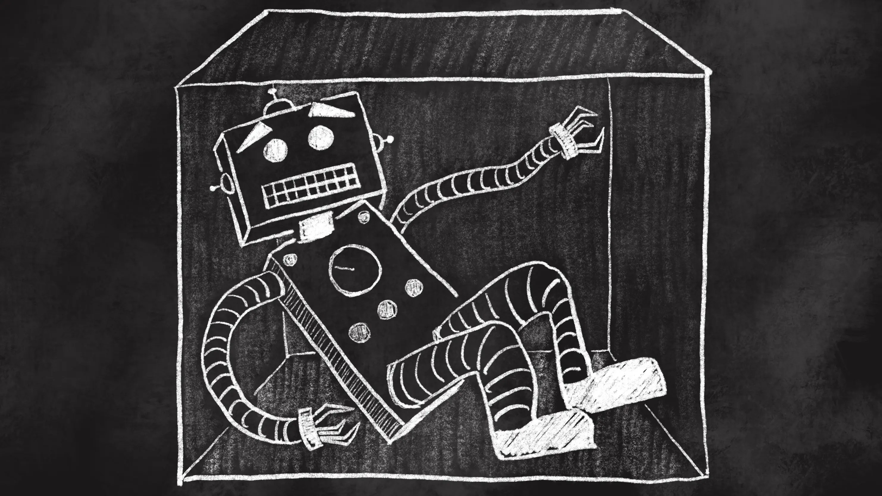 A chalkboard-style sketch of a robot in a box